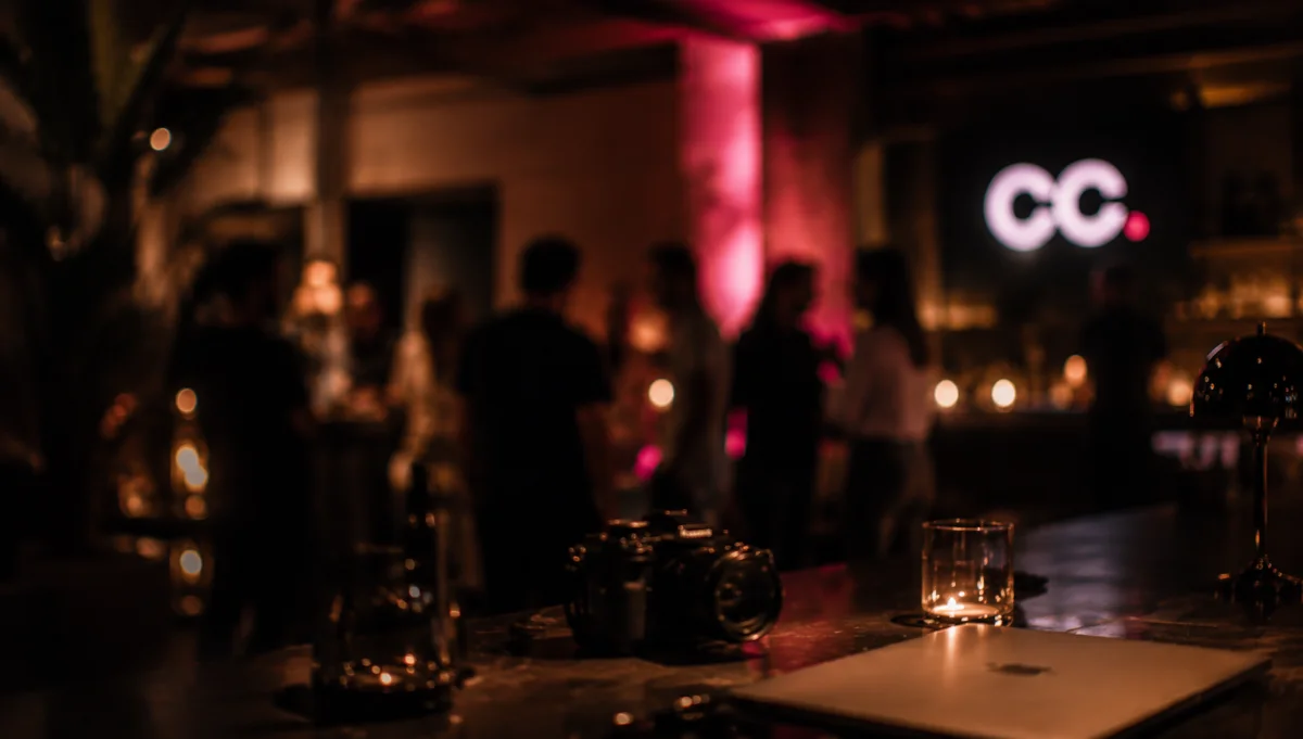 Guests at a Content Club evening, under the lit CC by BND sign.