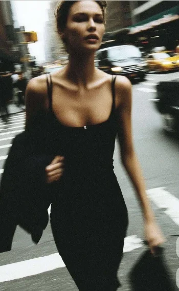 Une femme en robe noire traverse une avenue à grands pas, veste sur le bras ; la circulation défile, floue, derrière elle.