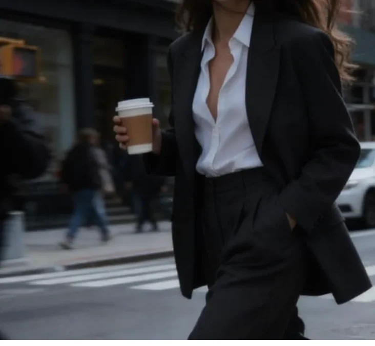 Une femme en blazer noir et chemise blanche traverse une rue, un gobelet de café à la main.