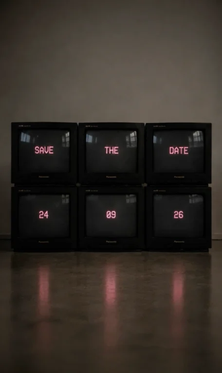 Six téléviseurs cathodiques empilés dans une salle vide affichent en lettres roses « Save the date » puis « 24 09 26 ».